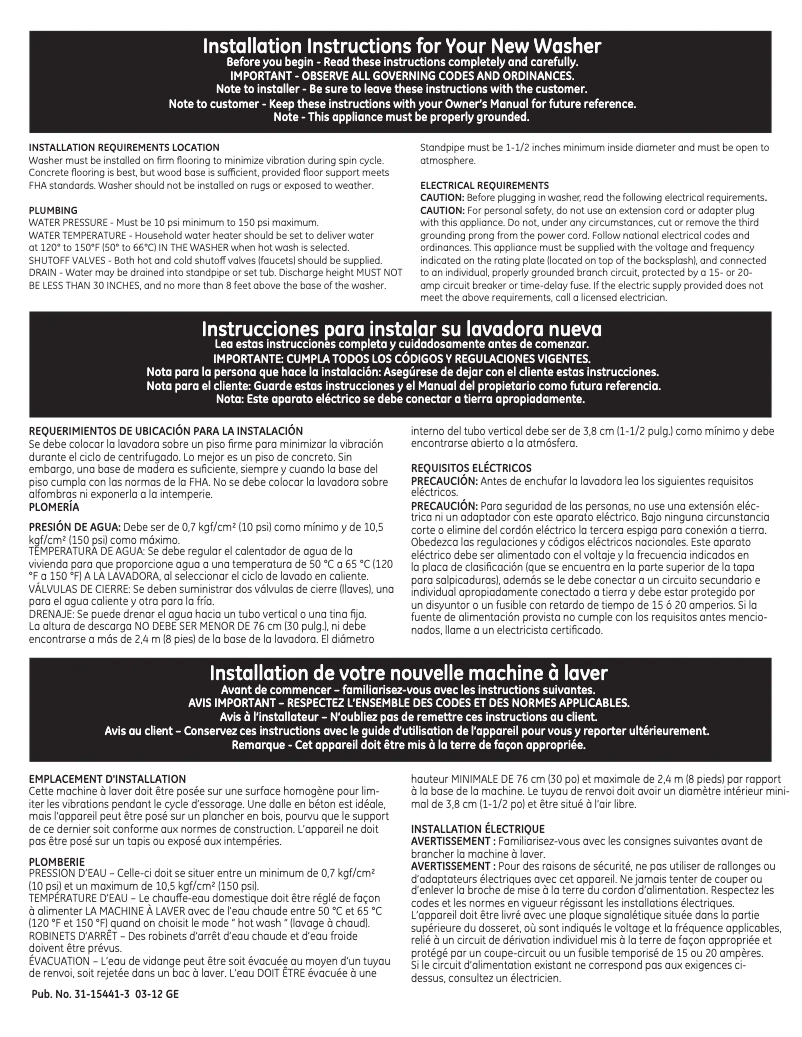 Page 1 of the manual Installation Guide GE GCWN3000MWS