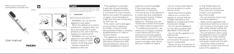 First page image of the manual for Essential High Performance AirStyler HP8678