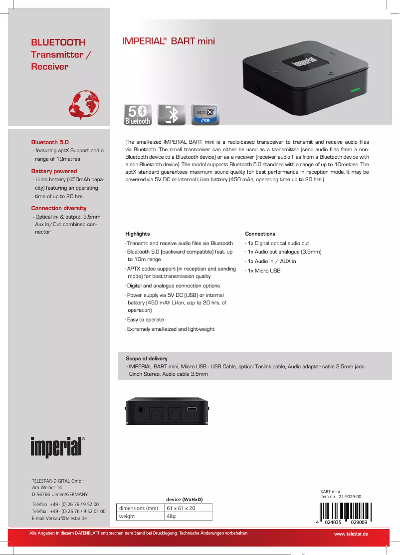 Page 1 of the manual Technical Sheet Imperial Bart Mini