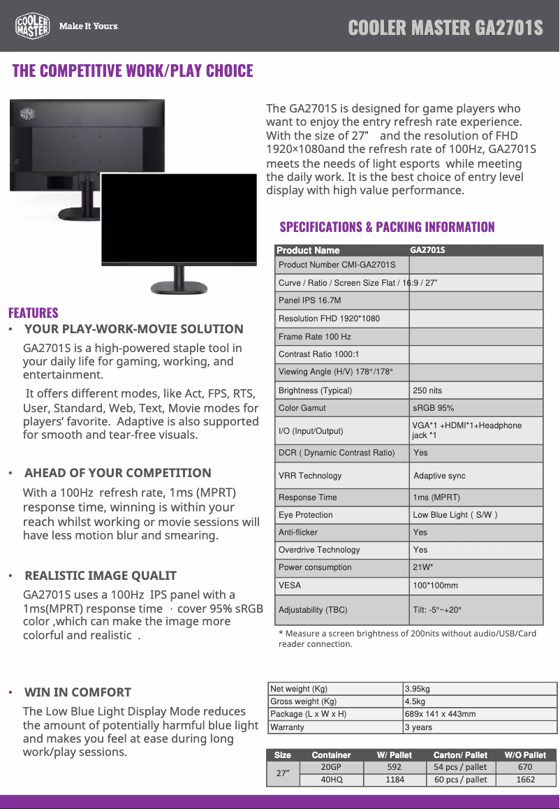 Page 1 of the manual Technical Sheet Cooler Master GA2701S