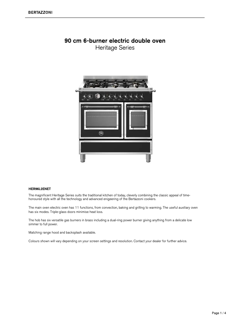 Page 1 of the manual Technical Sheet Bertazzoni HER96L2ENET