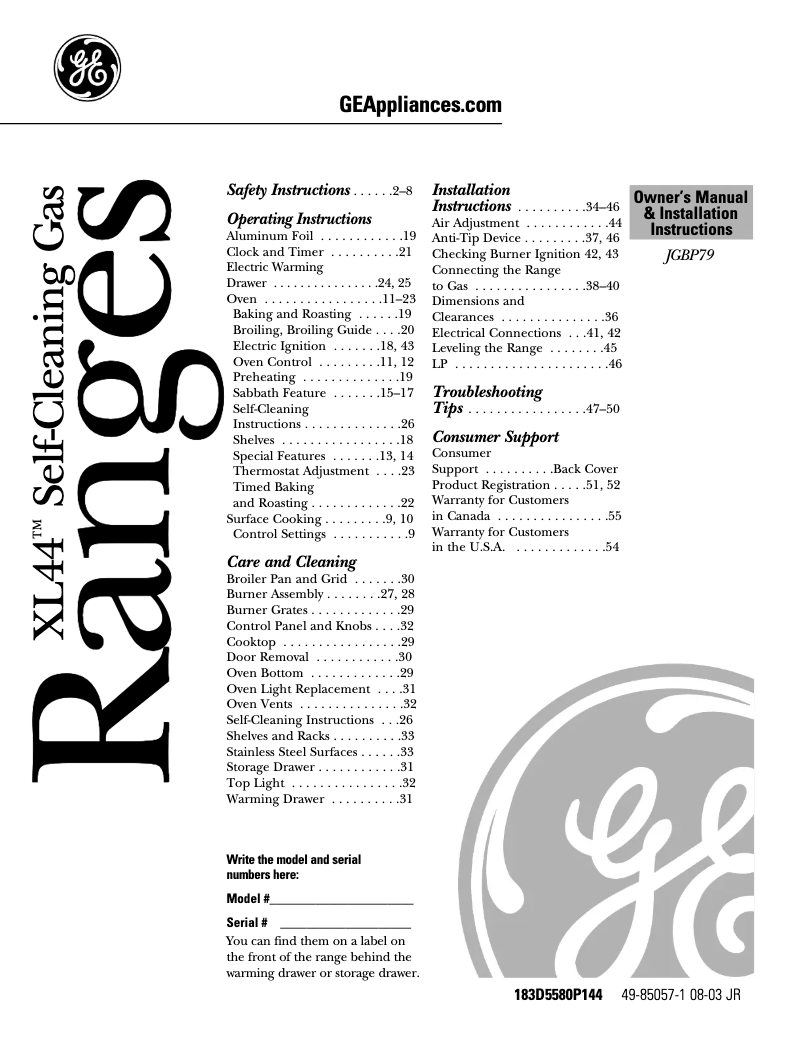 First page image of the manual for Profile JGBP79MEFBC