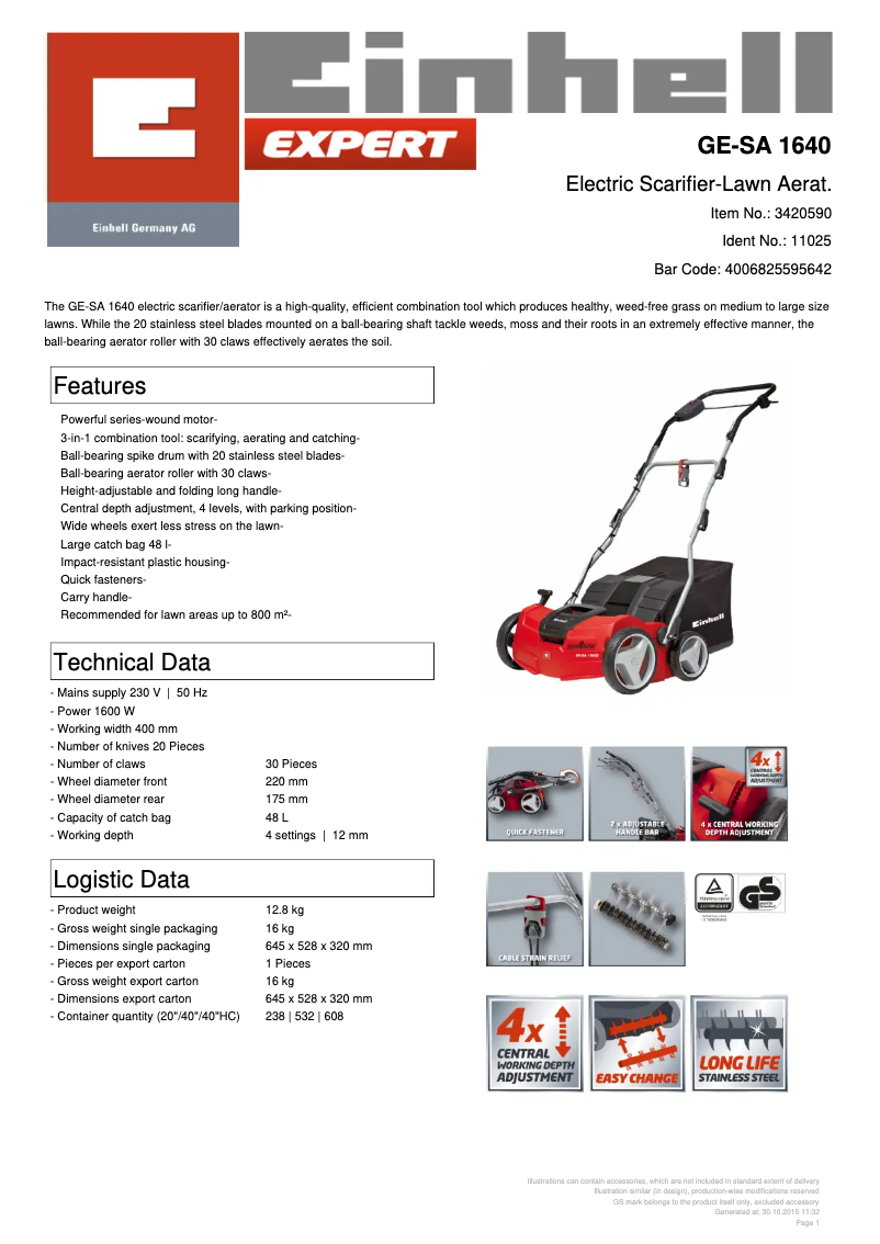 Page 1 of the manual Technical Sheet Einhell GE-SA 1640