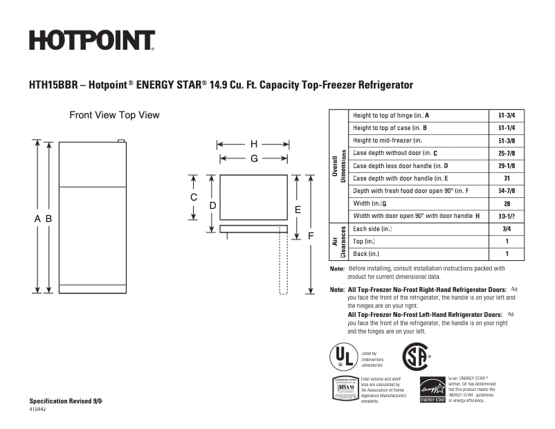 Page 1 of the manual Technical Sheet Hotpoint HTH15BBRRCC