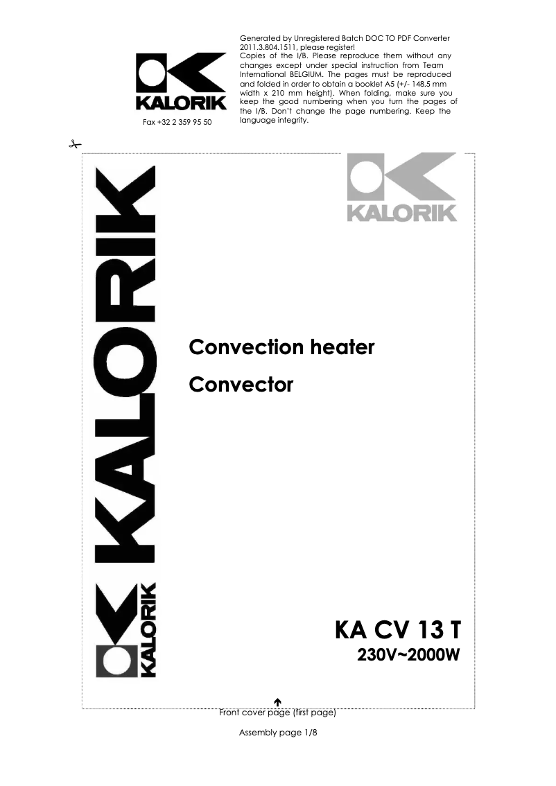 First page image of the manual for KA CV 13 T