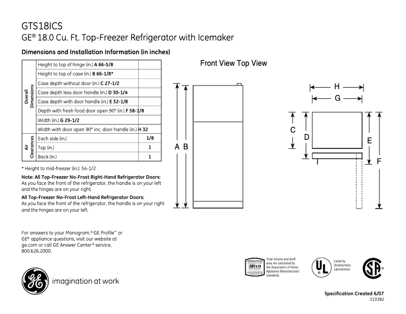 Page 1 of the manual Technical Sheet GE GTS18ICSRCC