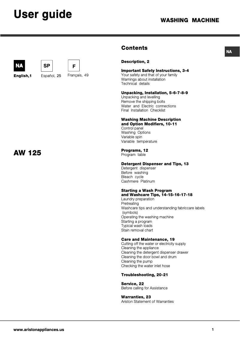 First page image of the manual for AW 125