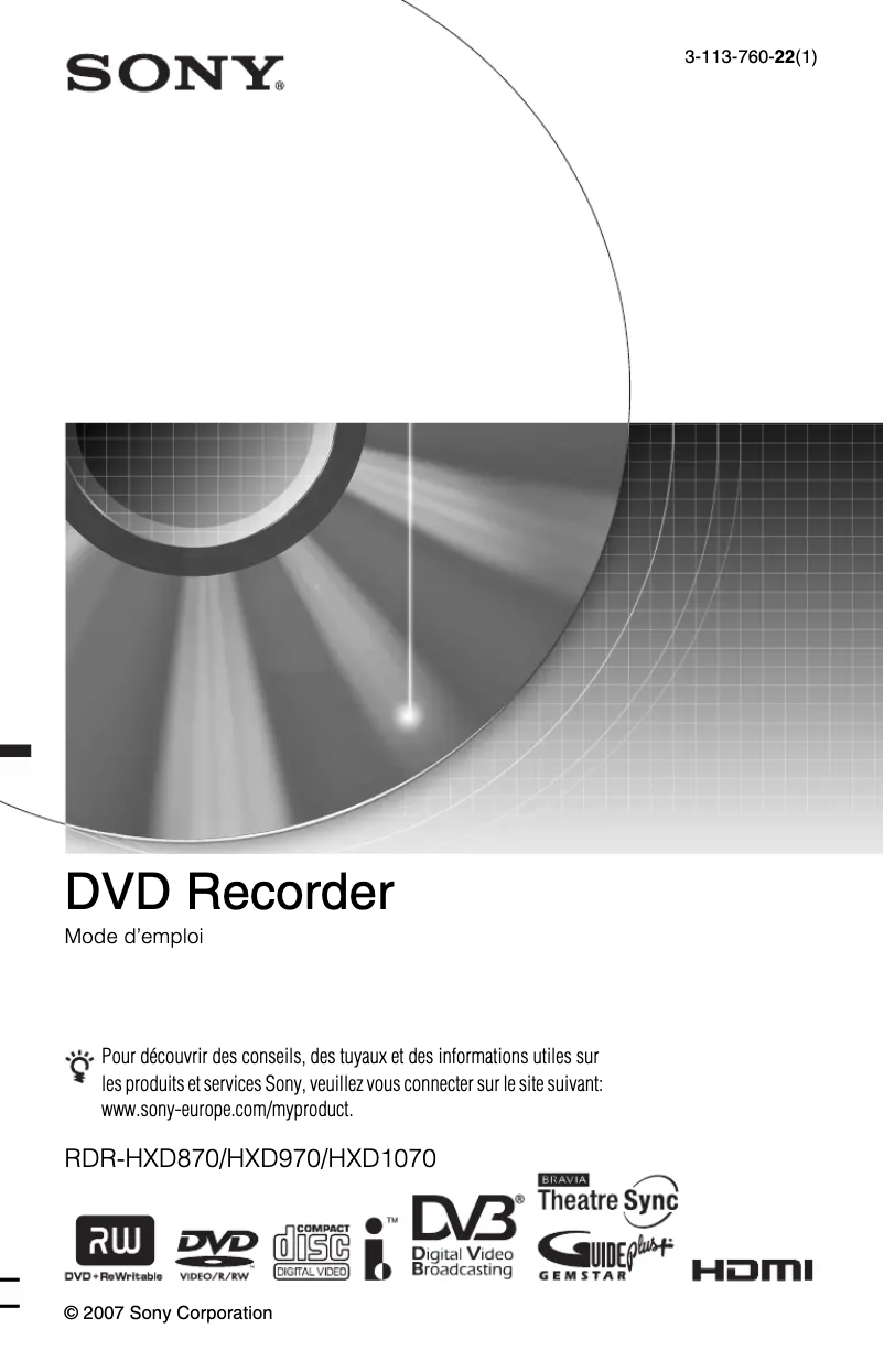 First page image of the manual for RDR-HXD870