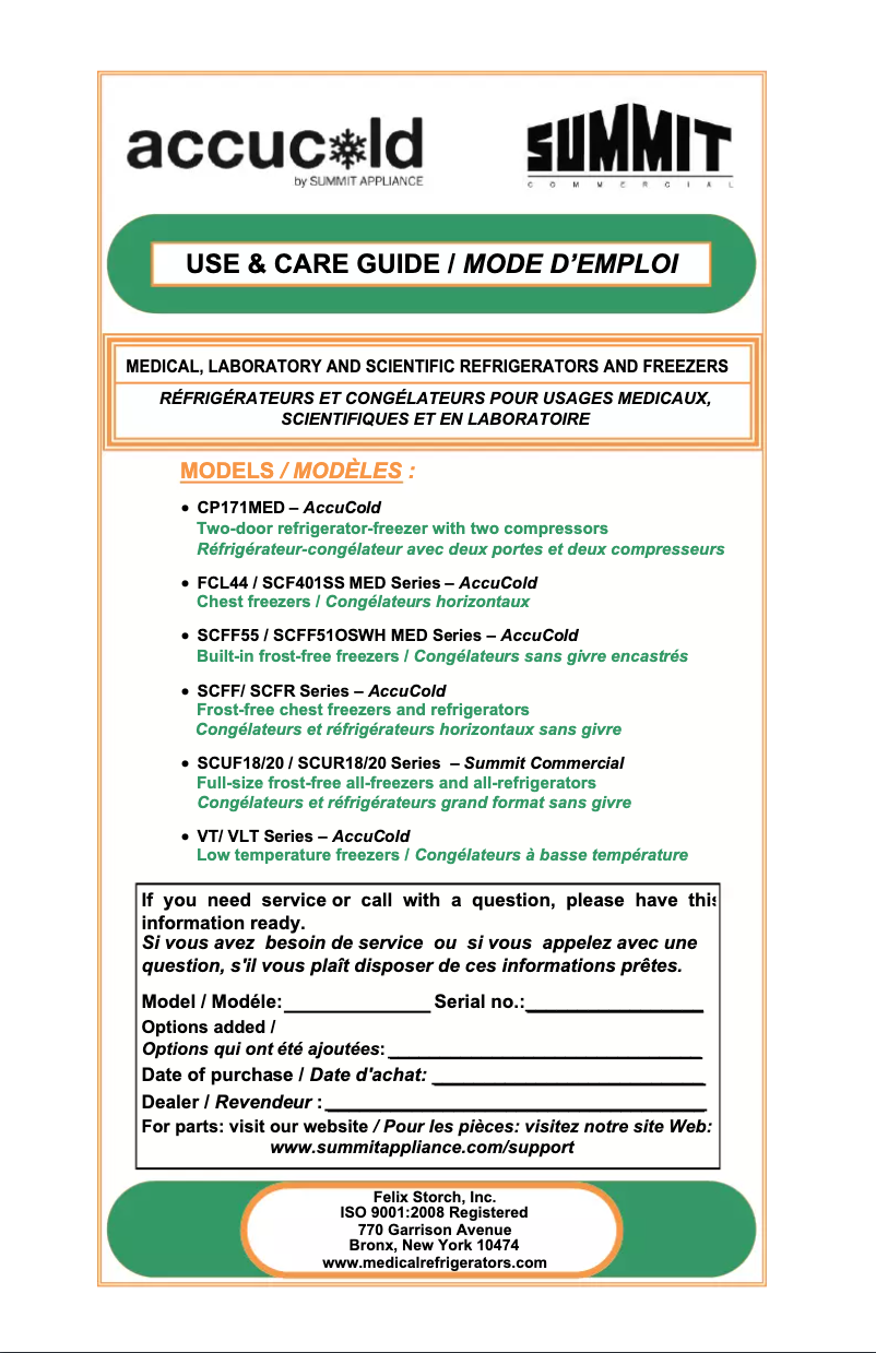 First page image of the manual for Accucold VLT850