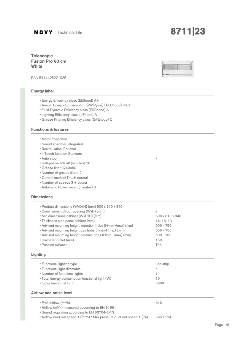 Page 1 of the manual Technical Sheet Novy Fusion Pro 8711