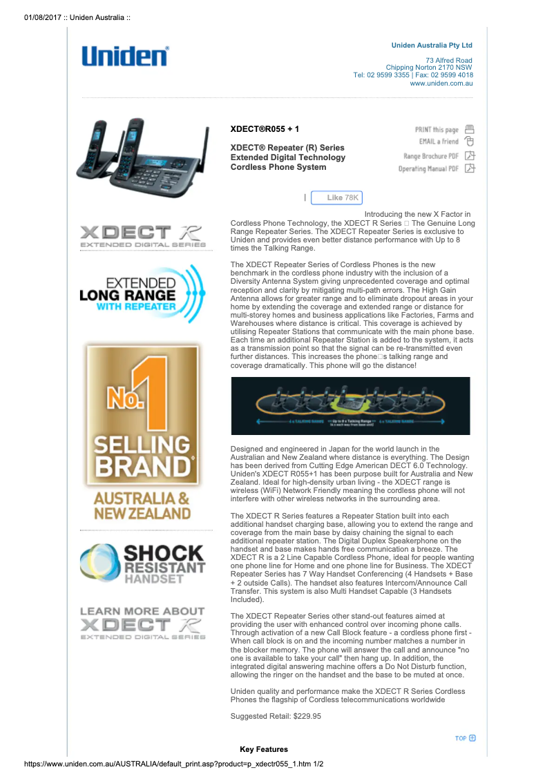 Page 1 of the manual Technical Sheet Uniden XDECT R055