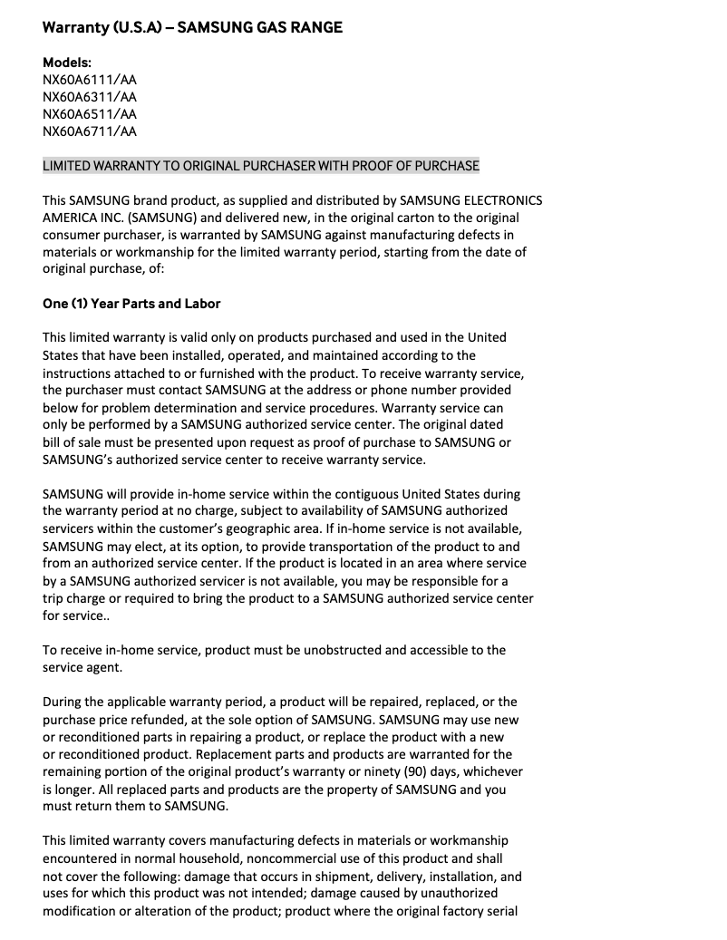 Page 1 of the manual Warranty Information Samsung NE63A6511SW