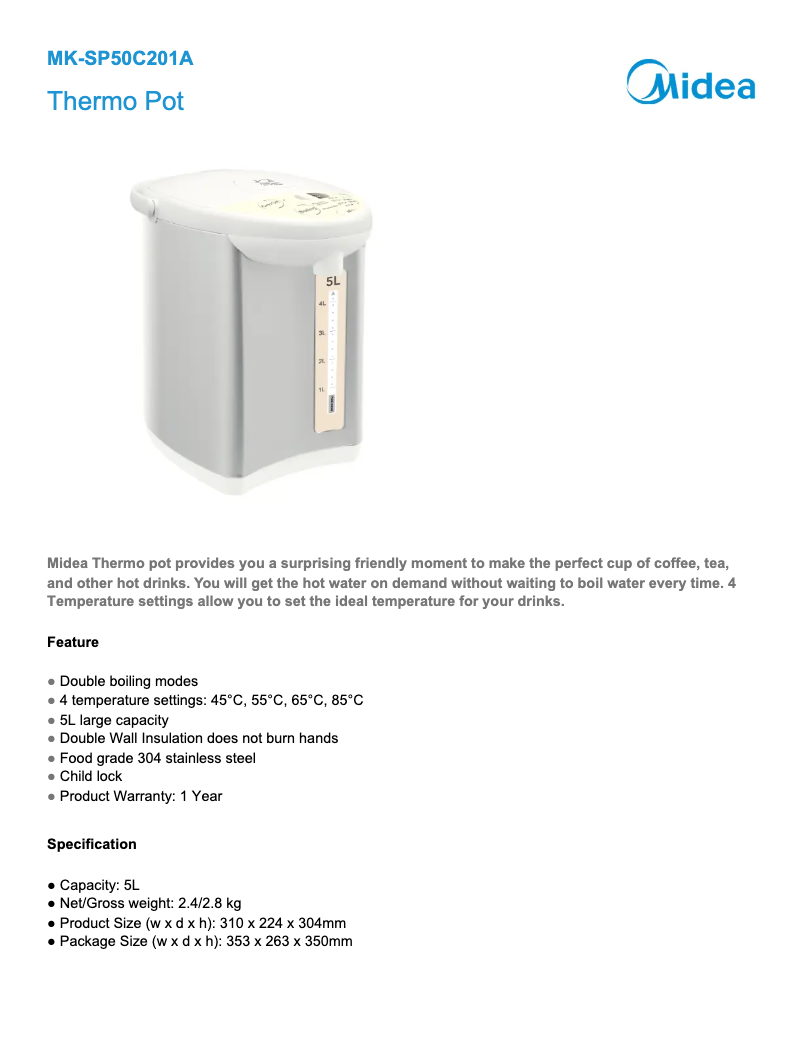 Page 1 of the manual Technical Sheet Midea MK-SP50Colour201
