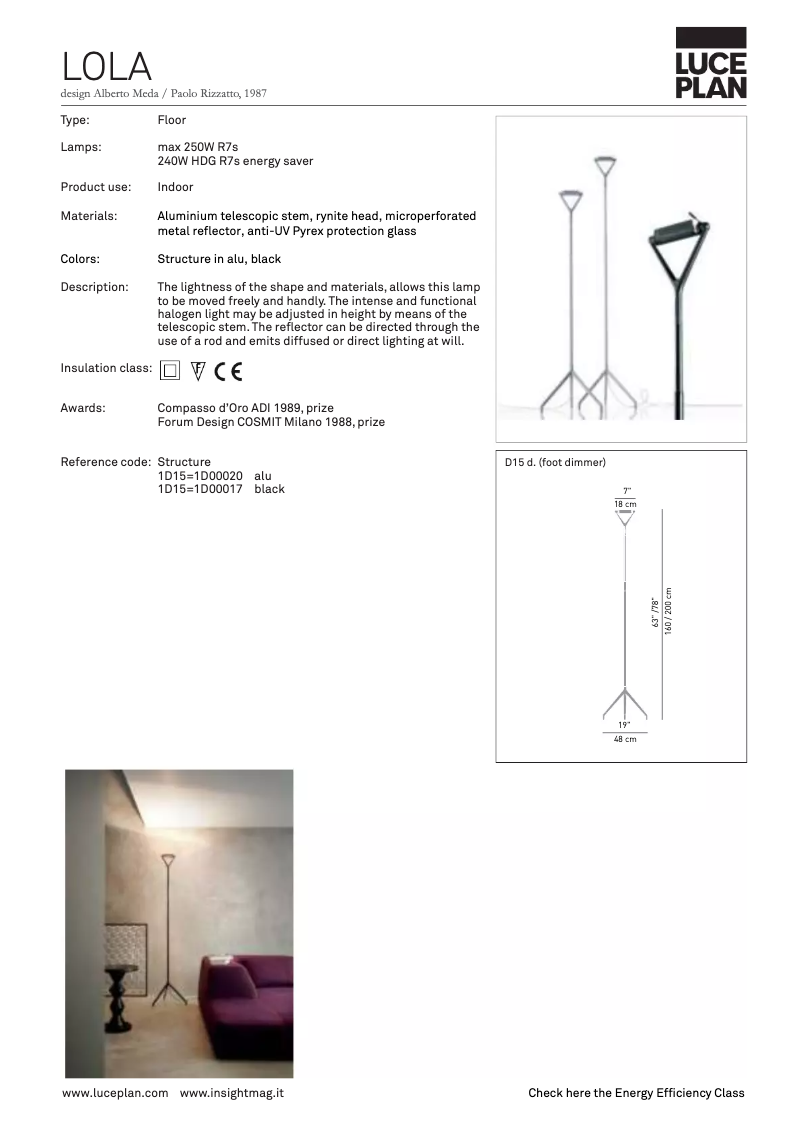 Page 1 of the manual User Manual Luceplan Lola