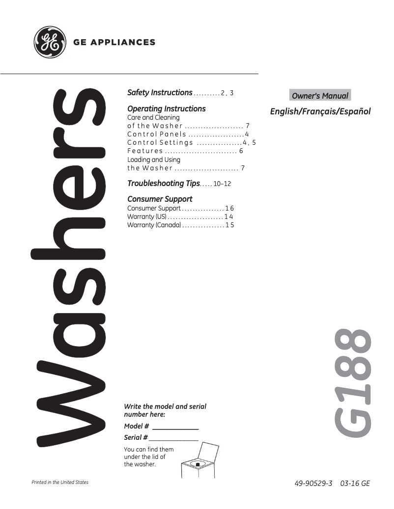 First page image of the manual for GTW180SCJWW