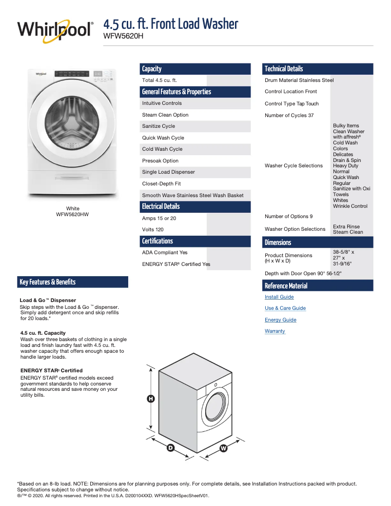 Page 1 of the manual Technical Sheet Whirlpool WHLAUWED5620HW