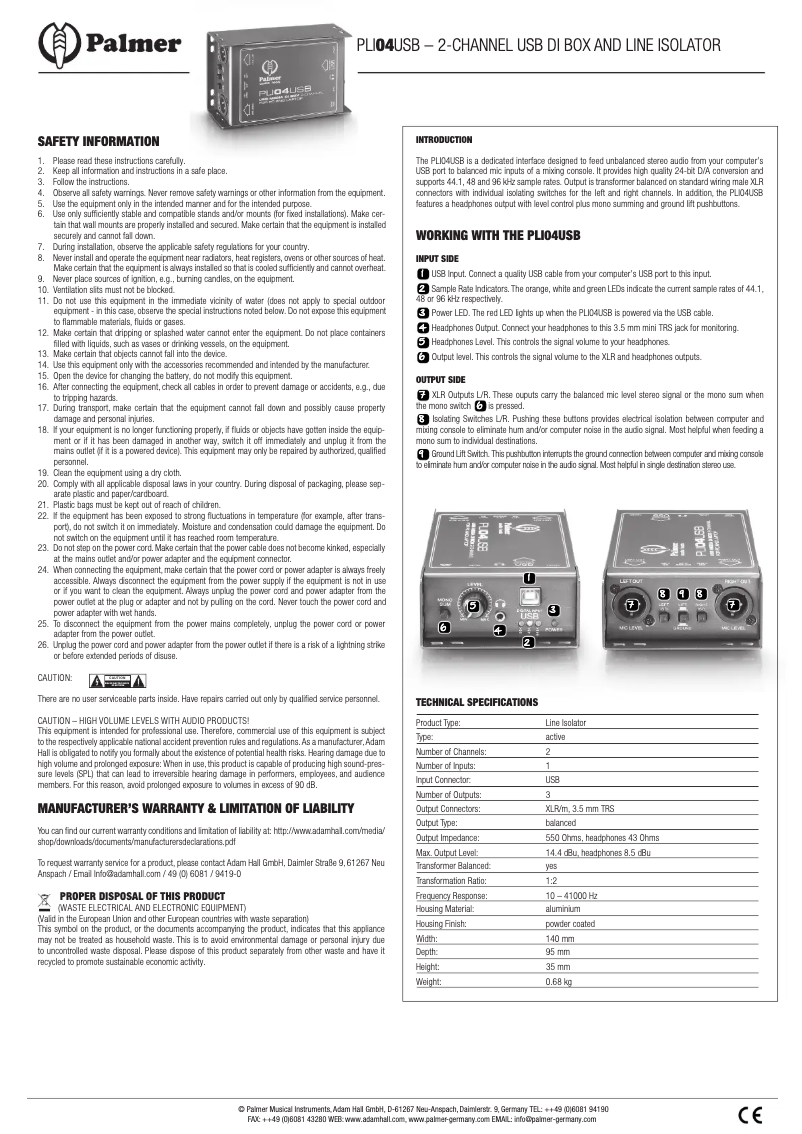 Page 1 of the manual User Manual Palmer PLI04USB