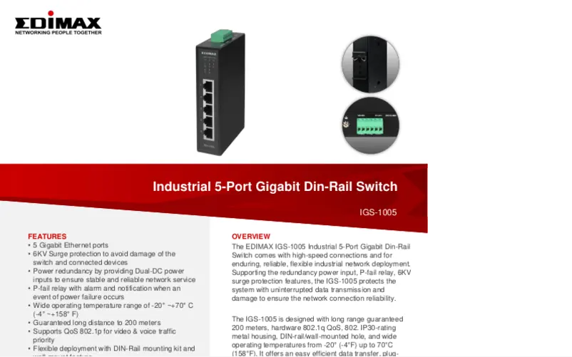 Page 1 of the manual Technical Sheet Edimax IGS-1005
