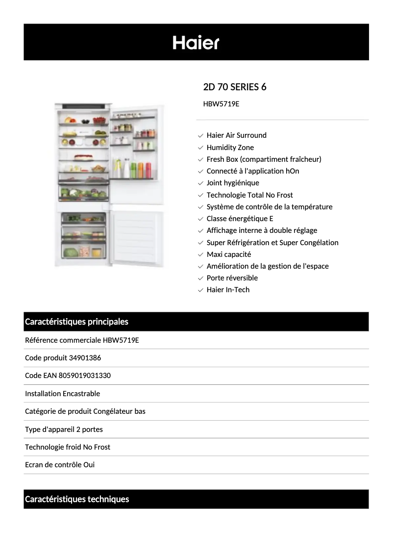 Page 1 of the manual Technical Sheet Haier HBW5719E