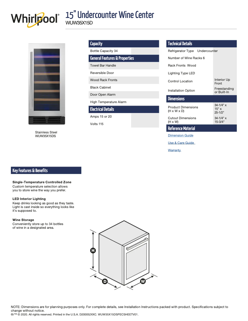 Page 1 of the manual Technical Sheet Whirlpool WUW35X15DS