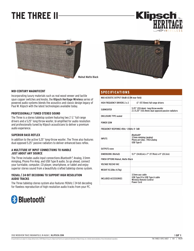 Page 1 of the manual Technical Sheet Klipsch The Three II
