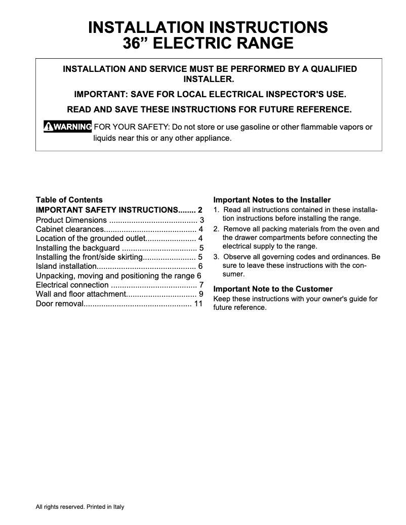 Page 1 of the manual Installation Guide Electrolux ECFI3668AS