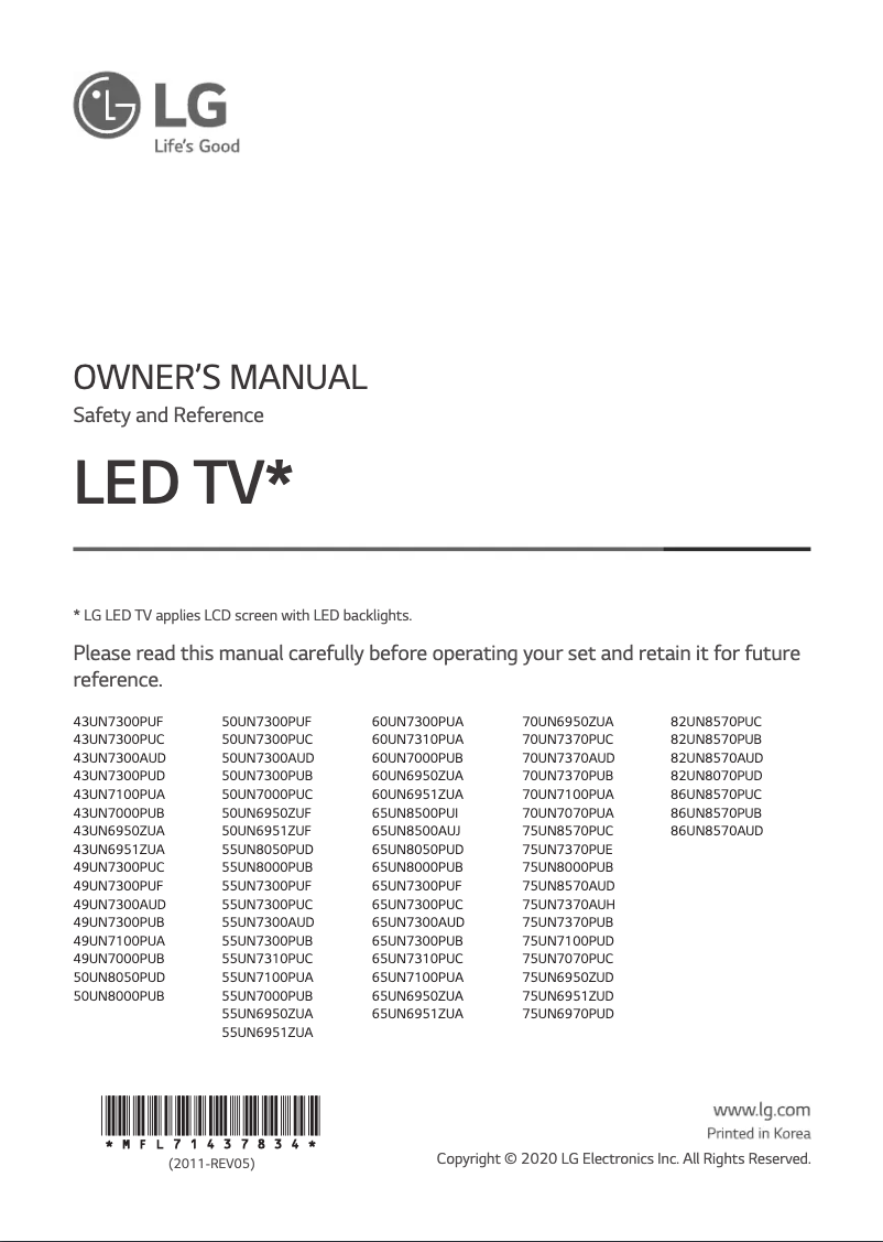First page image of the manual for 70UN7370PUC
