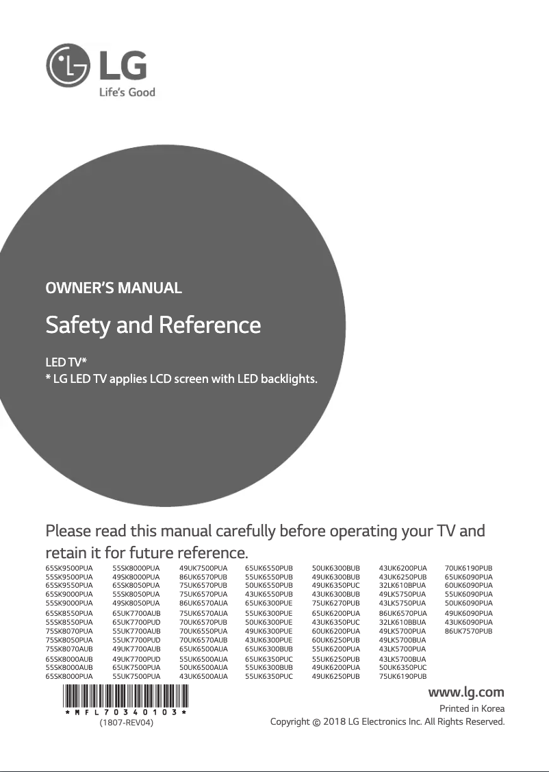First page image of the manual for 65UK7700AUB