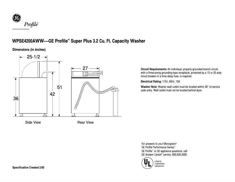 First page image of the manual for Profile Prodigy WPSE4200AWW
