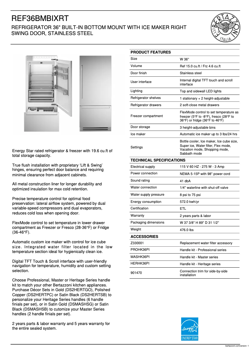 Page 1 of the manual Technical Sheet Bertazzoni REF36BMBIXRT