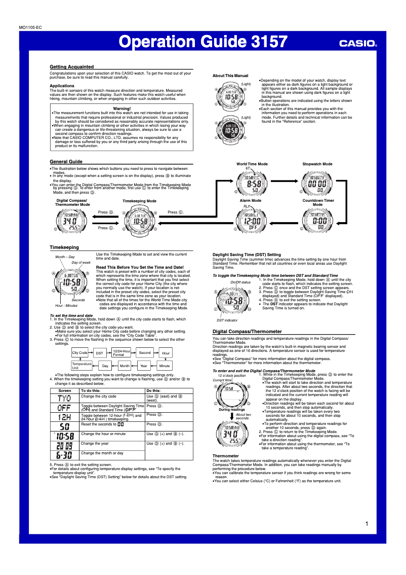 Page 1 of the manual User Manual Casio 3157