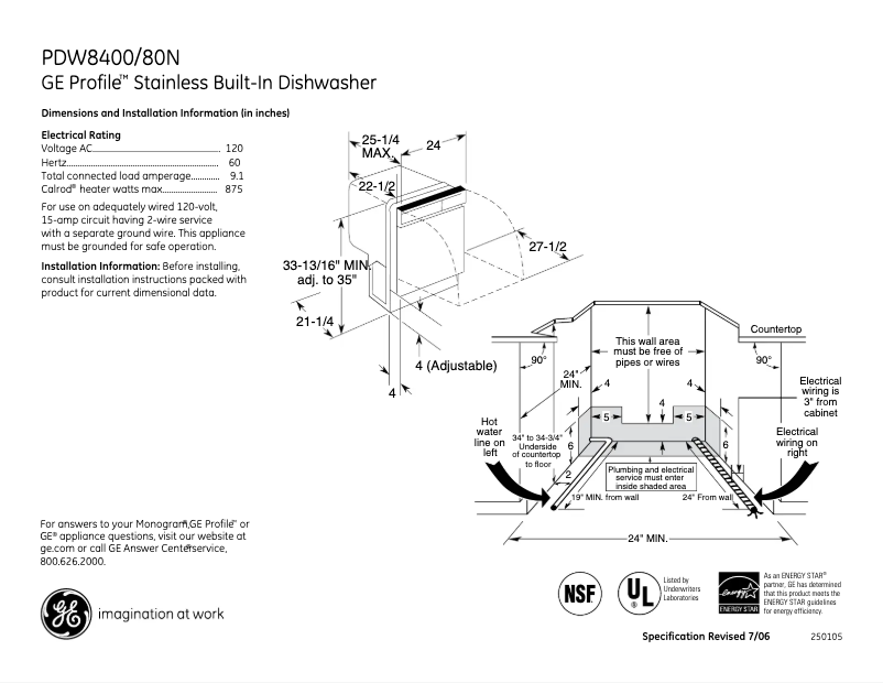 Page 1 of the manual Technical Sheet GE Profile PDW8480NSS