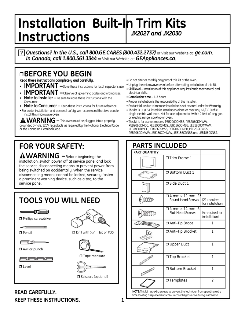 Page 1 of the manual User Manual GE JX2030DMCC
