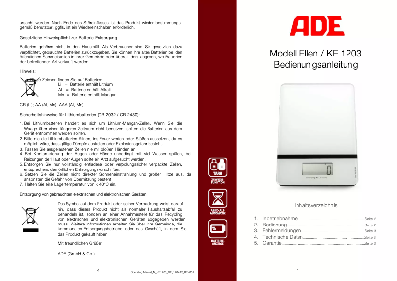 First page image of the manual for Ellen KE 1203