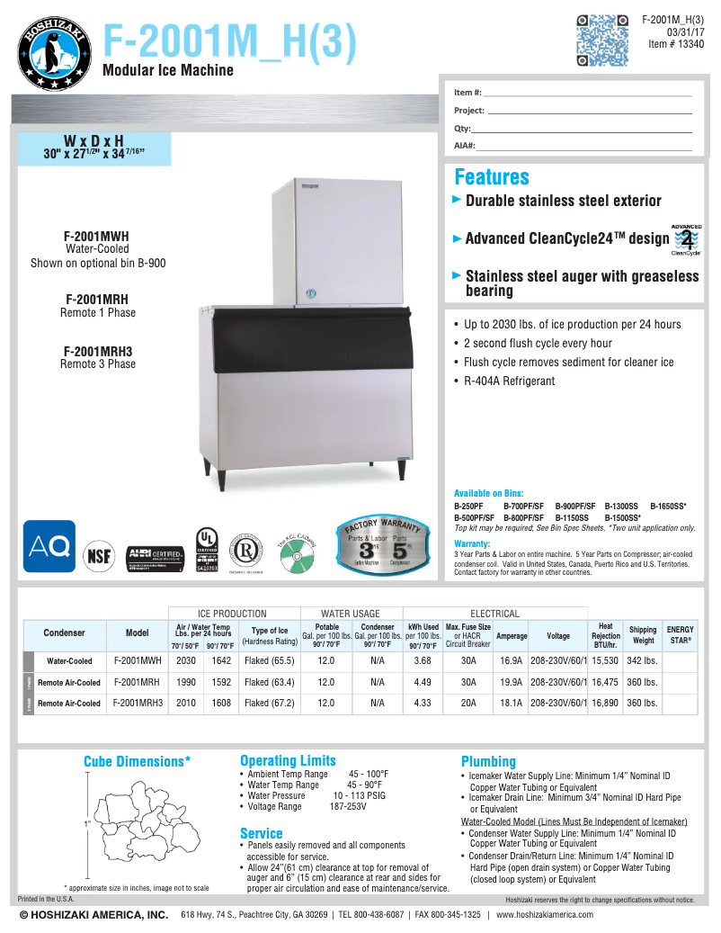 Page 1 of the manual Technical Sheet Hoshizaki F-2001MRH