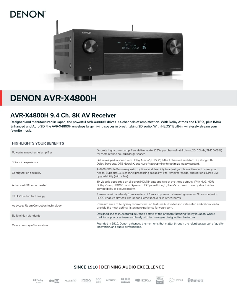 First page image of the manual for AVR-X4800H