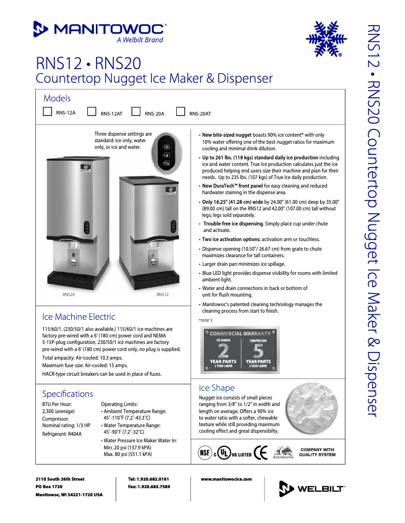 Page 1 de la notice Fiche technique Manitowoc RNS-12AT