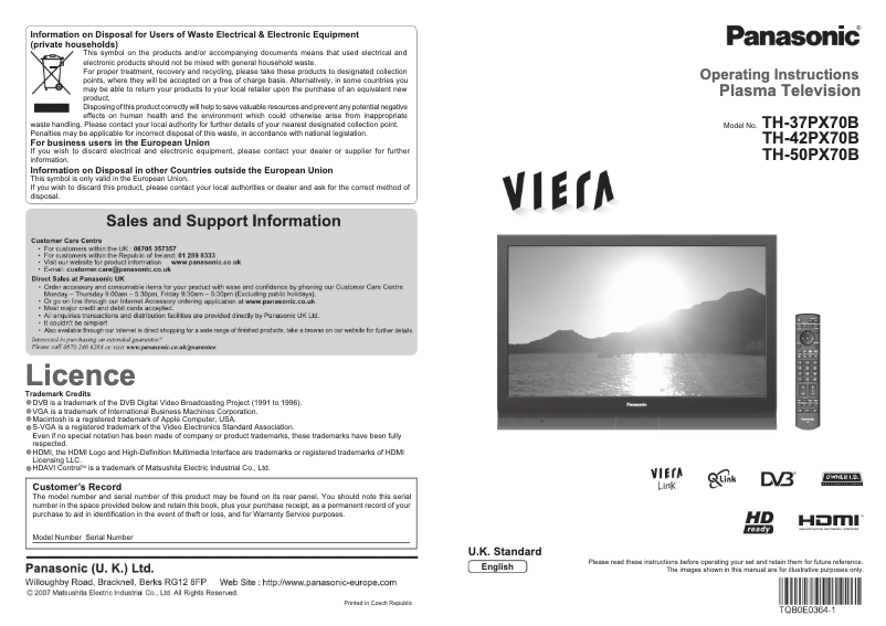 Page 1 of the manual User Manual Panasonic Viera TH-50PX70B