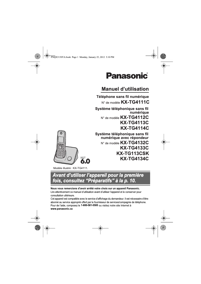 Page 1 de la notice Manuel utilisateur Panasonic KX-TG4111