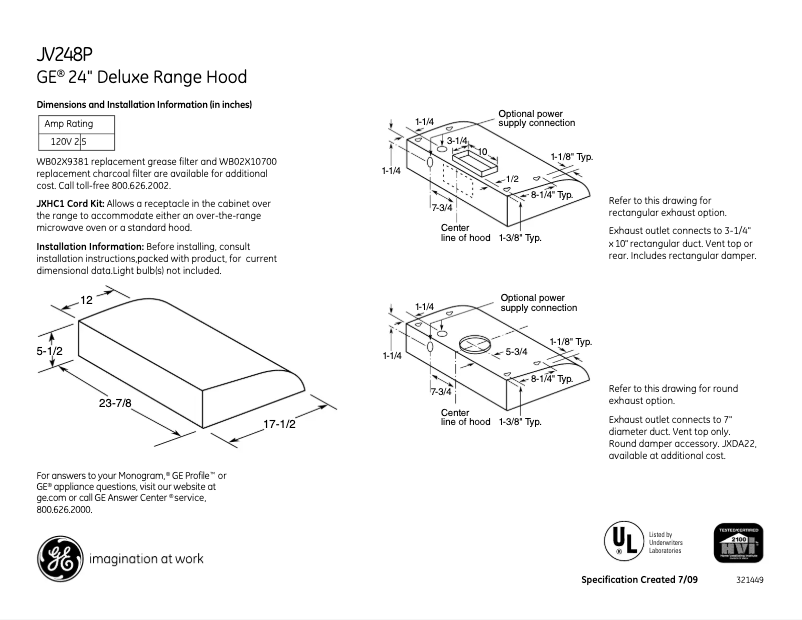 Page 1 of the manual Technical Sheet GE JV248PSS