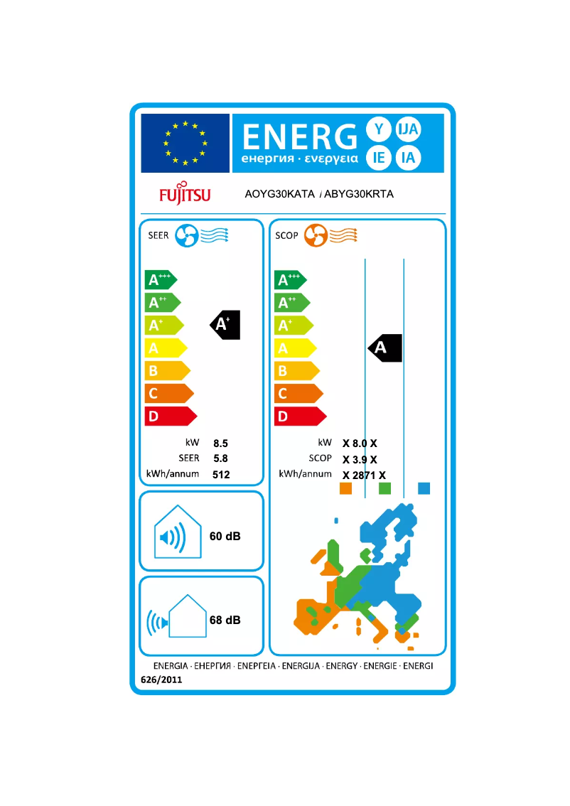 Page 1 de la notice Label énergétique Fujitsu ABYG30KRTA