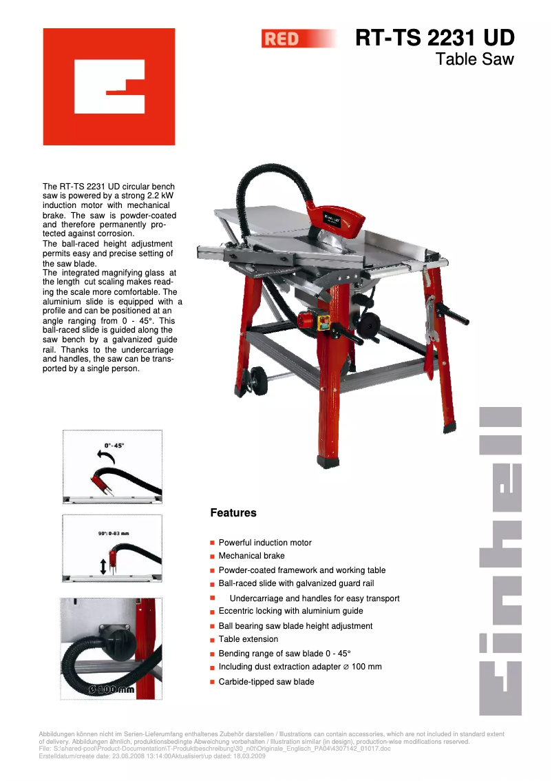 Page 1 of the manual User Manual Einhell RT-TS 2231 UD