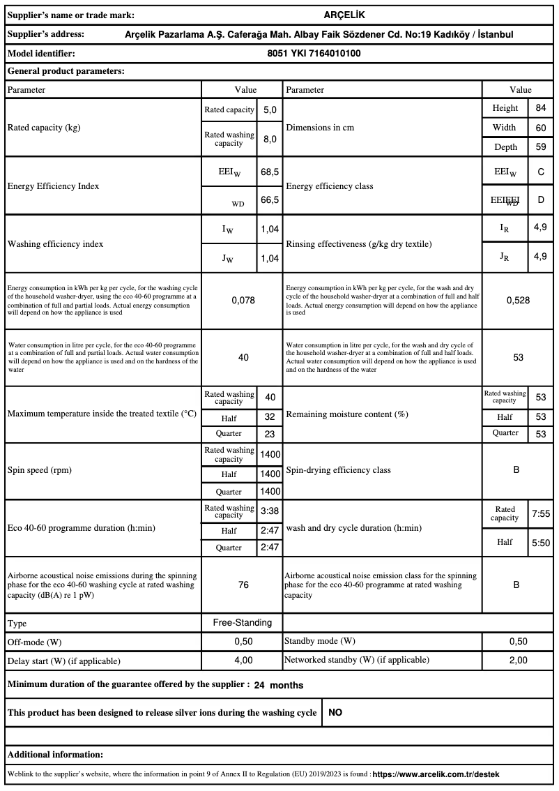 Page 1 of the manual Technical Sheet Arçelik 8051 YKI
