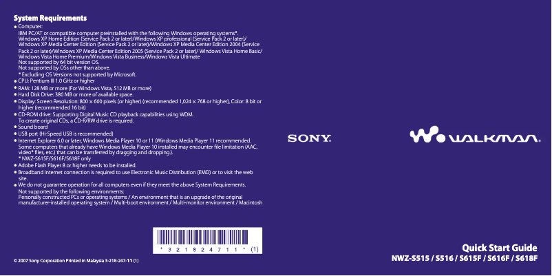 Page 1 of the manual Installation Guide Sony NWZ-S615F
