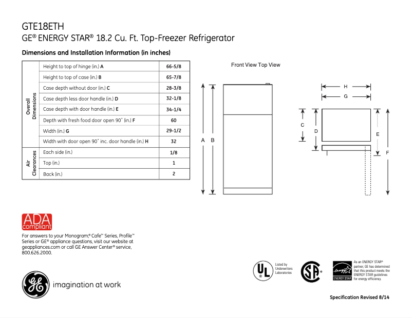 Page 1 of the manual Technical Sheet GE GTE18ETHBB