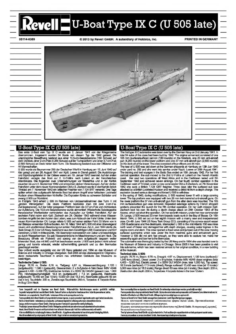 Page 1 of the manual User Manual Revell U-505 Type IX C
