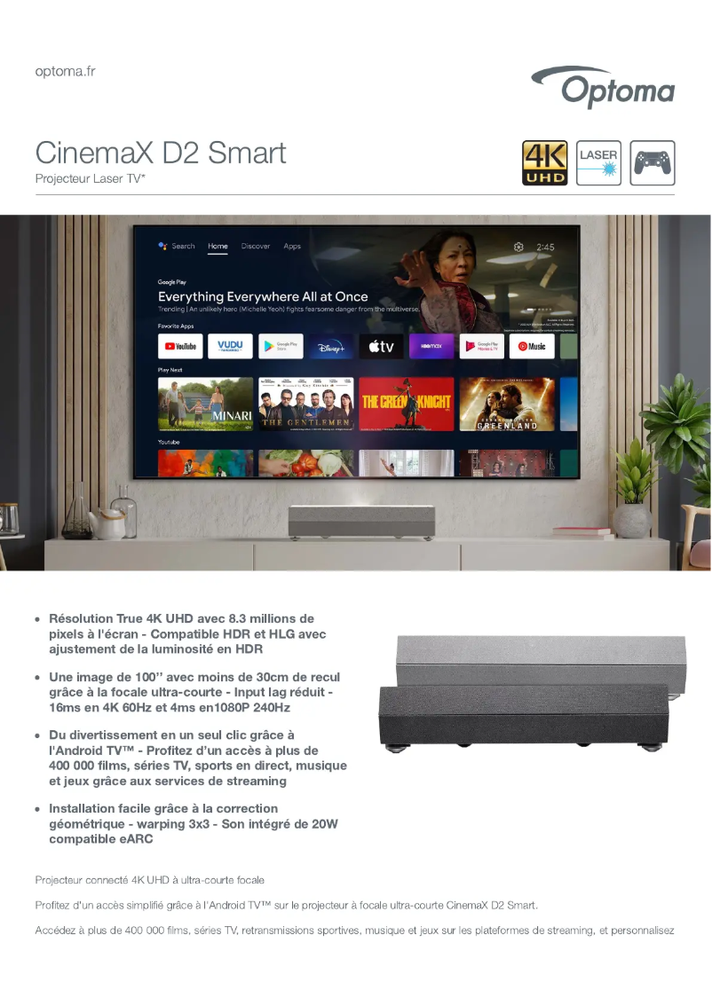 Page 1 of the manual Technical Sheet Optoma CinemaX D2 Smart