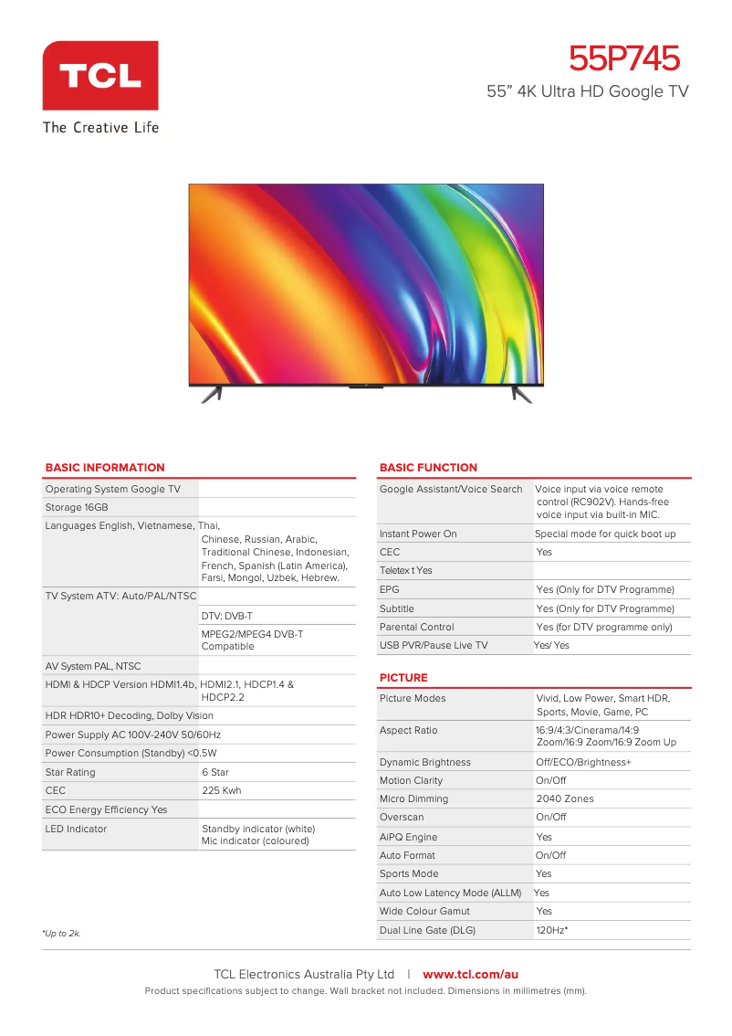 Page 1 of the manual Technical Sheet TCL 55P745
