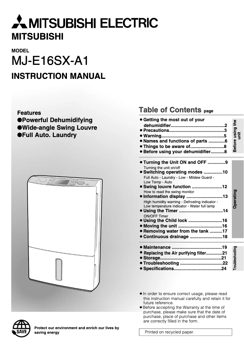 Page 1 of the manual User Manual Mitsubishi MJ-E16SX-A1