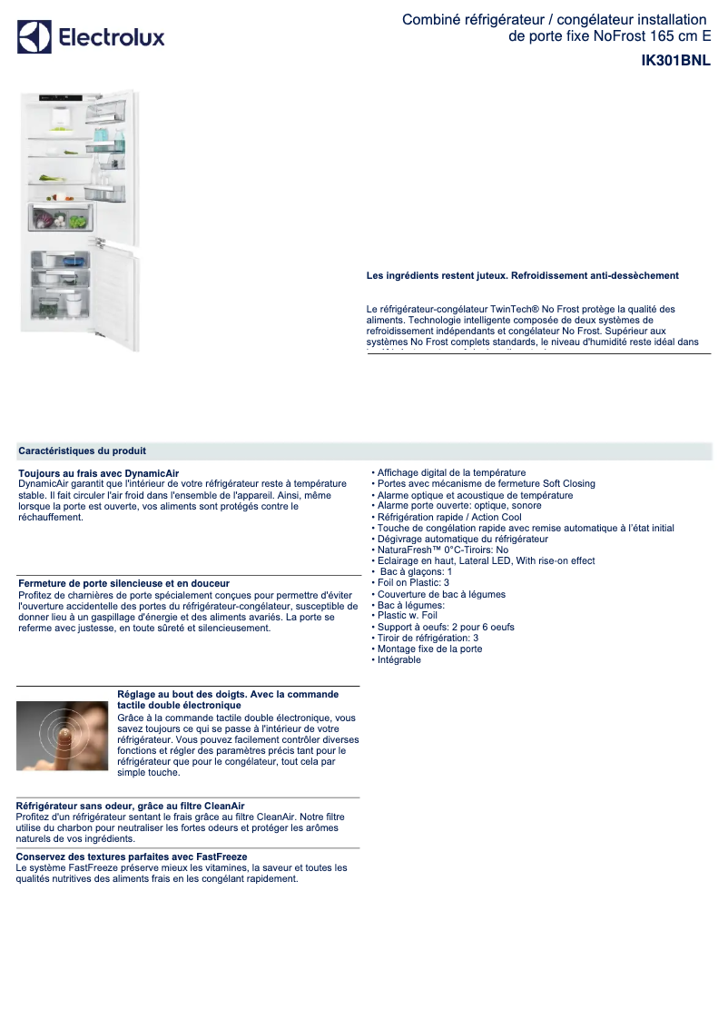 Page 1 of the manual Technical Sheet Electrolux IK301BNL